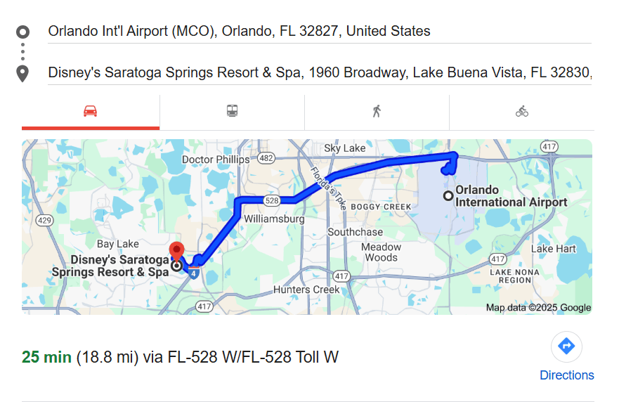 MCO to Saratoga Springs Resort Distance