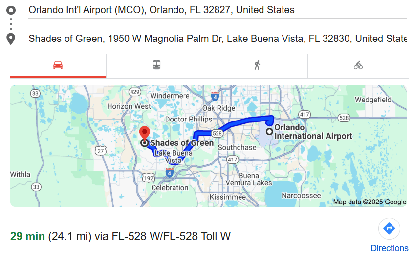 orlando airport to shades of green