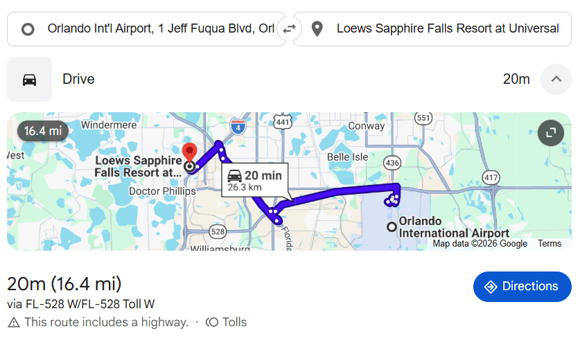 Orlando Airport to Loews Sapphire Falls Resort